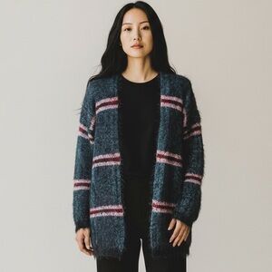 Anthropologie Raga Fuzzy Eyelash Knit Open Front Cardigan OS Blue Black Red Cozy